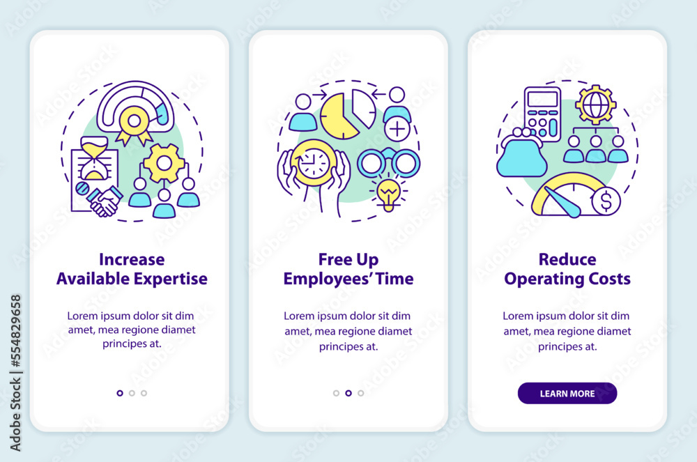 Small business outsourcing reasons onboarding mobile app screen. Walkthrough 3 steps editable graphic instructions with linear concepts. UI, UX, GUI template. Myriad Pro-Bold, Regular fonts used
