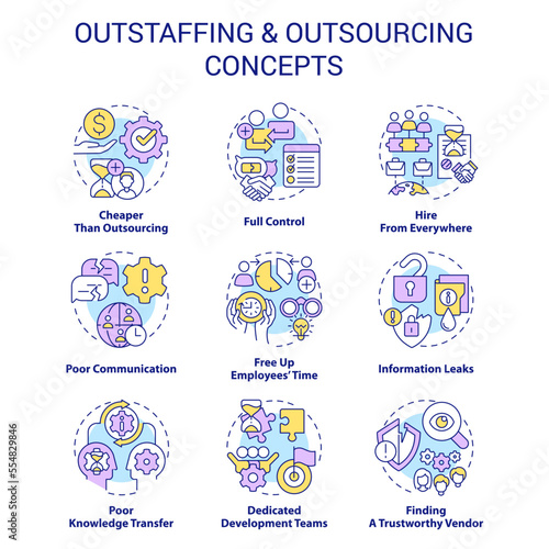 Outstaffing and outsourcing concept icons set. Hiring contract employees remotely idea thin line color illustrations. Isolated symbols. Editable stroke. Roboto-Medium, Myriad Pro-Bold fonts used