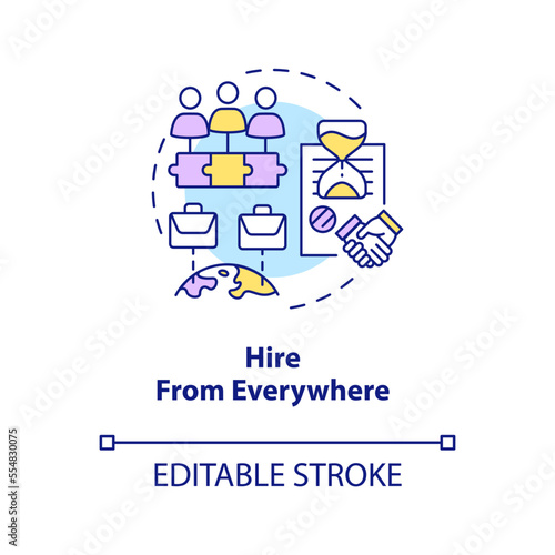 Hire from everywhere concept icon. Outstaffing benefit for business abstract idea thin line illustration. Contractors. Isolated outline drawing. Editable stroke. Arial, Myriad Pro-Bold fonts used