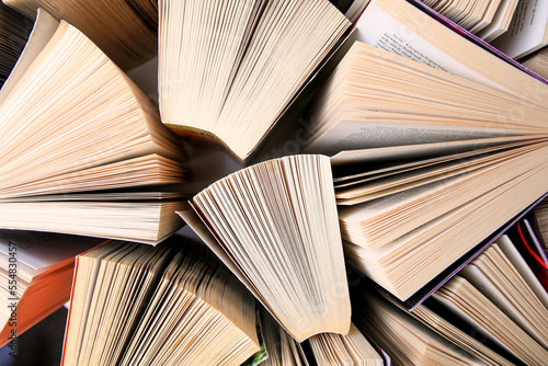 Collection of different books on white shelf, above view