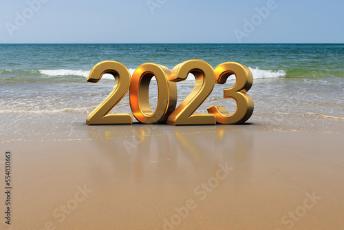 Canvas Print texte 2023 doré posé sur une plage de sable - rendu 3D