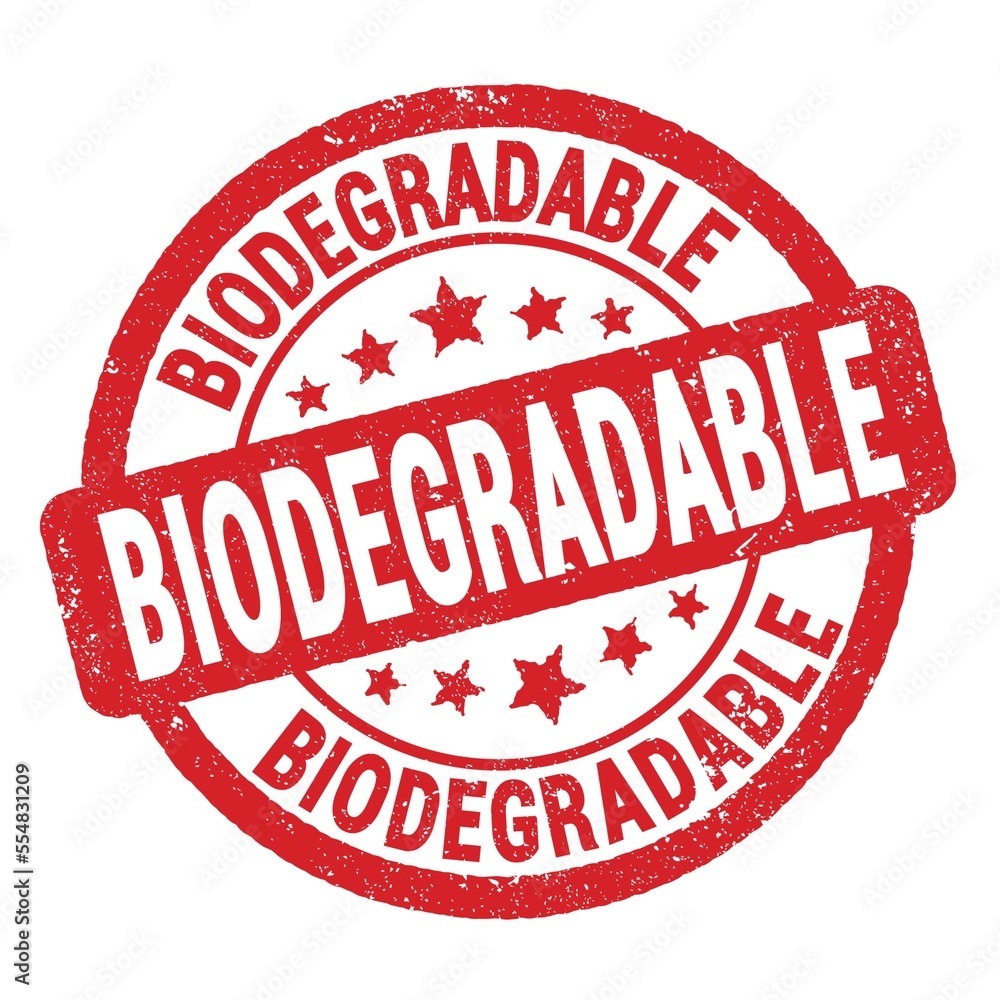 BIODEGRADABLE text written on red round stamp sign. BIODEGRADABLE text written on red round stamp sign.