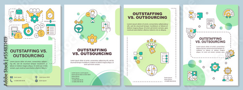 Outstaffing and outsourcing difference green brochure template. Leaflet design with linear icons. Editable 4 vector layouts for presentation, annual reports. Arial-Bold, Myriad Pro-Regular fonts used photo