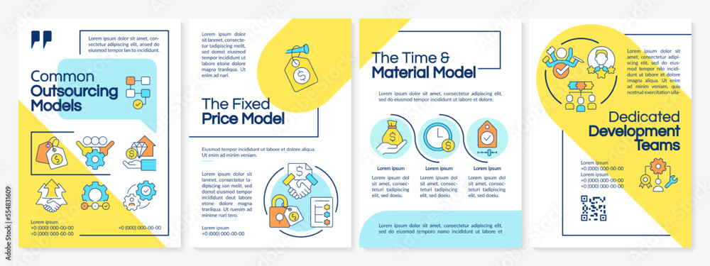 Naklejka premium Outsourcing contracts types blue and yellow brochure template. Leaflet design with linear icons. Editable 4 vector layouts for presentation, annual reports. Questrial, Lato-Regular fonts used