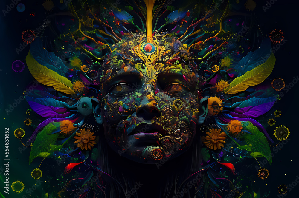 Naklejka premium Fluorescent Dreamy Mystical colorful glowing fantasy world Imagination of start of mind 