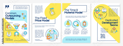 Outsourcing contracts types blue and yellow brochure template. Leaflet design with linear icons. Editable 4 vector layouts for presentation, annual reports. Questrial, Lato-Regular fonts used