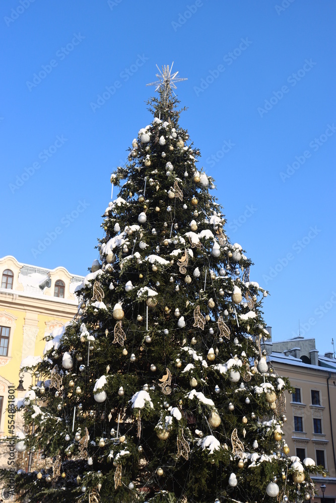 the central Christmas tree in Poland City of Krakow Cloth Market 2023