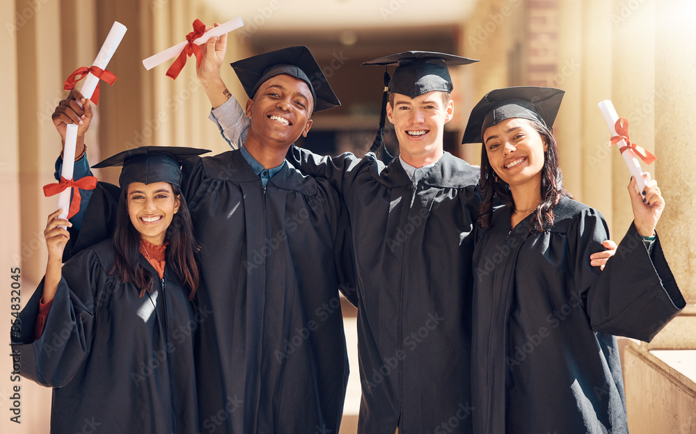 Obraz premium Education, diversity and graduation, happy students at university campus with certificate. School, success and portrait of college graduate friends with diploma in cap celebrate academic achievement.