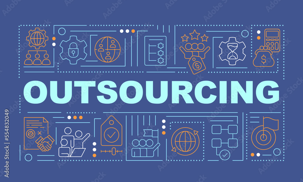 Outsourcing practice word concepts dark blue banner. Hiring on contract. Infographics with editable icons on color background. Isolated typography. Vector illustration with text. Arial-Black font used