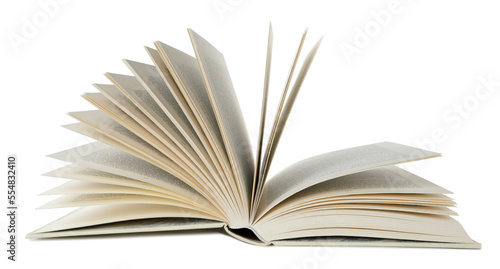 Open book with hard cover on white background © New Africa