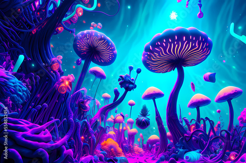 Fluorescent Dreamy Mystical colorful glowing fantasy world Imagination of start of mind 
