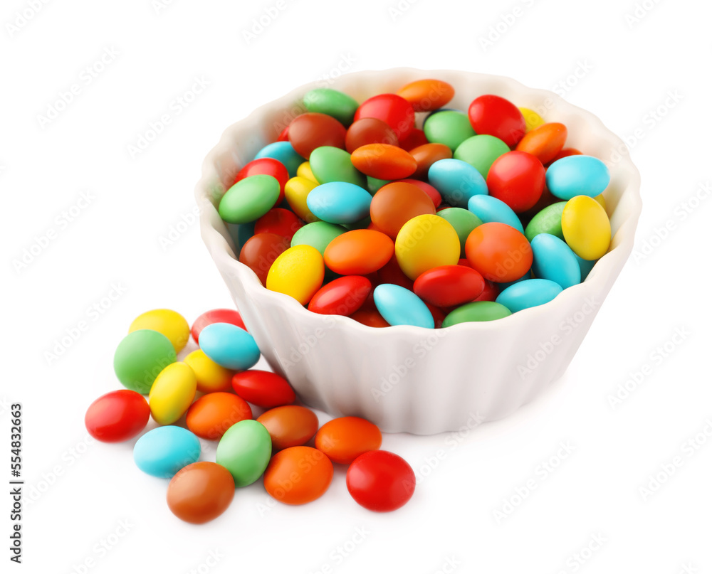 Bowl with colorful candies on white background Bowl with colorful candies on white background