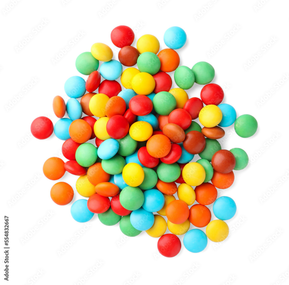 Many small colorful candies on white background, top view Many small colorful candies on white background, top view