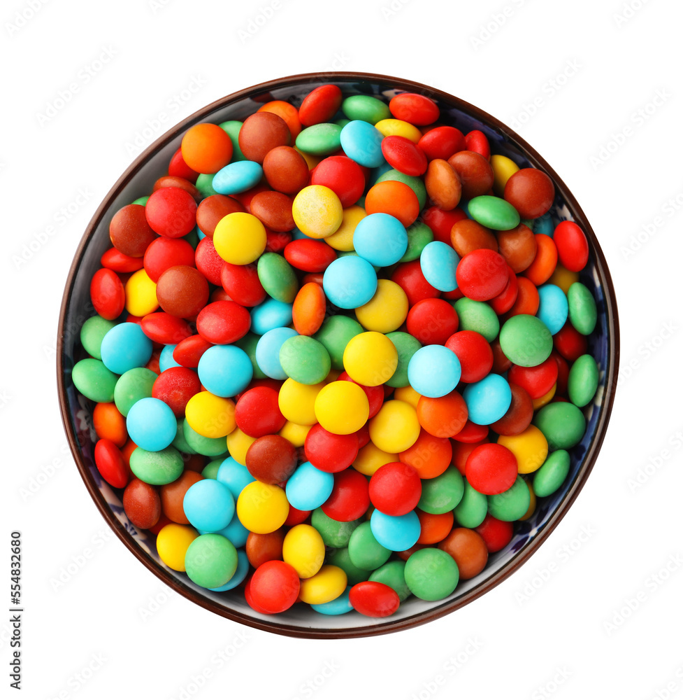 Bowl with colorful candies isolated on white, top view Bowl with colorful candies isolated on white, top view