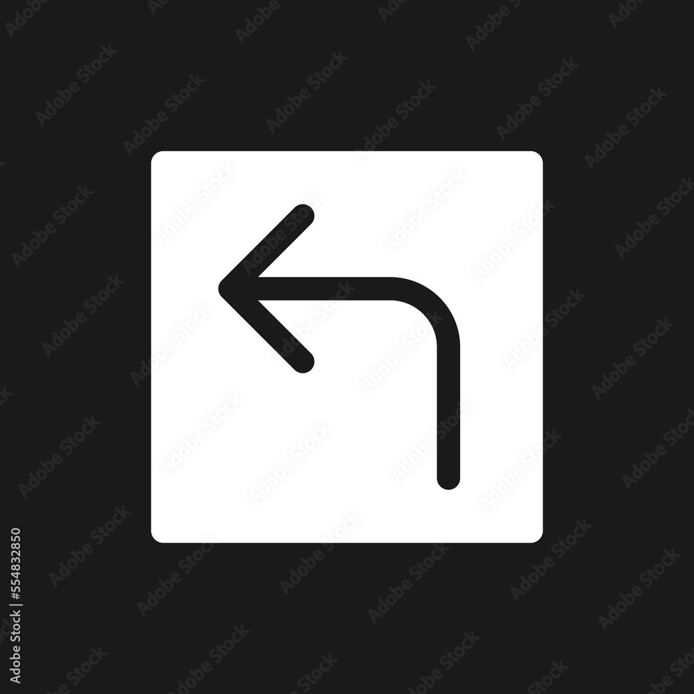 Left turn arrow dark mode glyph ui icon. Destination. Road sign. User interface design. White silhouette symbol on black space. Solid pictogram for web, mobile. Vector isolated illustration Left turn arrow dark mode glyph ui icon. Destination. Road sign. User interface design. White silhouette symbol on black space. Solid pictogram for web, mobile. Vector isolated illustration