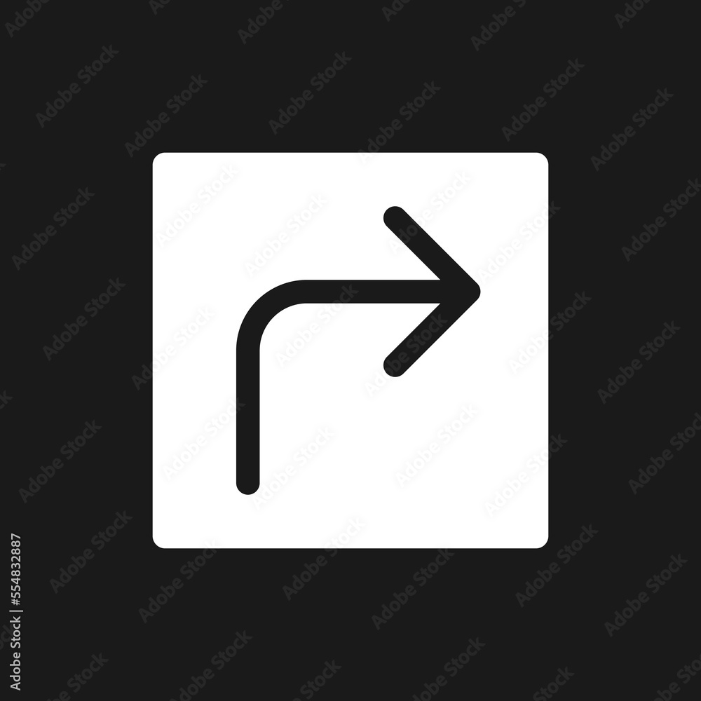 Right turn arrow dark mode glyph ui icon. Road sign. Finding route. User interface design. White silhouette symbol on black space. Solid pictogram for web, mobile. Vector isolated illustration Right turn arrow dark mode glyph ui icon. Road sign. Finding route. User interface design. White silhouette symbol on black space. Solid pictogram for web, mobile. Vector isolated illustration