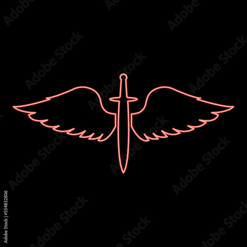 Neon wings and sword symbol cadets Winged blade weapon medieval age Warrior insignia Blazon bravary concept red color vector illustration image flat style