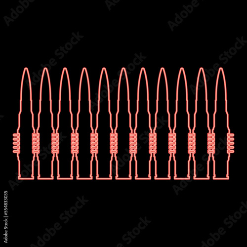 Neon bullets in row belt Machine gun cartridges Bandoleer War concept red color vector illustration image flat style