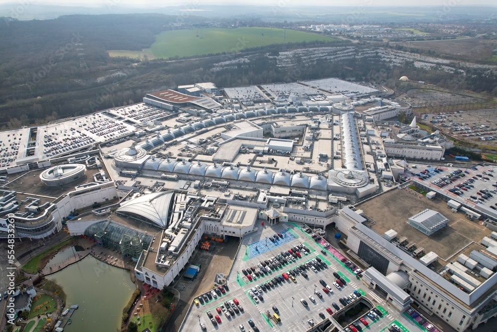 Bluewater Shopping Centre  Greenhithe Kent UK  aerial drone view 2022.