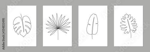 One line art tropical floral leaf poster set. Single continuous line monstera, fern, palm leaf minimal design background. Botanical abstract art for print, wallpaper. Vector illustration