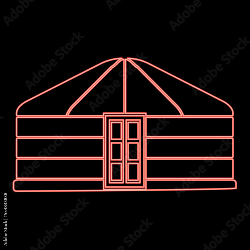 Neon yurt of nomads Portable frame dwelling with door Mongolian tent covering building red color vector illustration image flat style