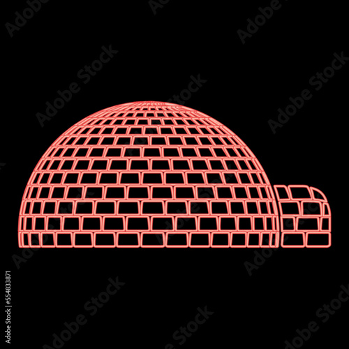 Neon igloo dwelling with icy cubes blocks Place when live inuits and eskimos Arctic home Dome shape red color vector illustration image flat style