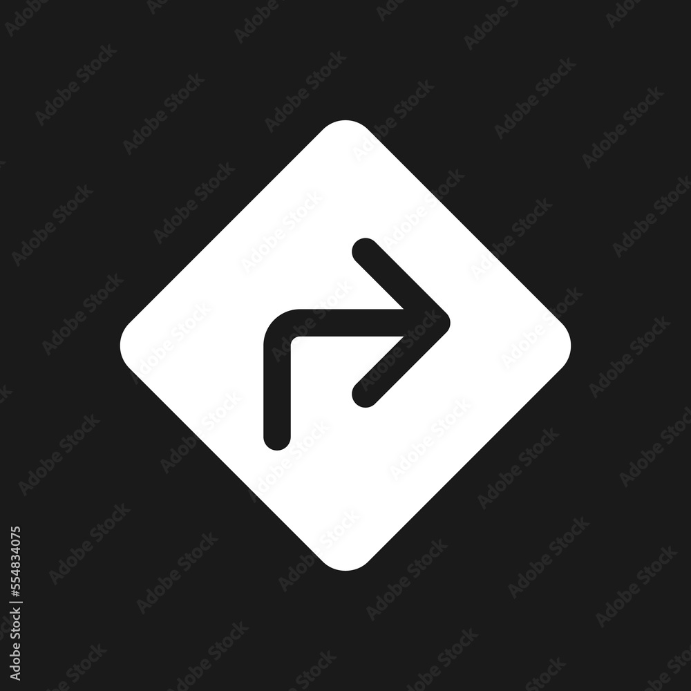 Road sign with turning right direction dark mode glyph ui icon. User interface design. White silhouette symbol on black space. Solid pictogram for web, mobile. Vector isolated illustration Road sign with turning right direction dark mode glyph ui icon. User interface design. White silhouette symbol on black space. Solid pictogram for web, mobile. Vector isolated illustration