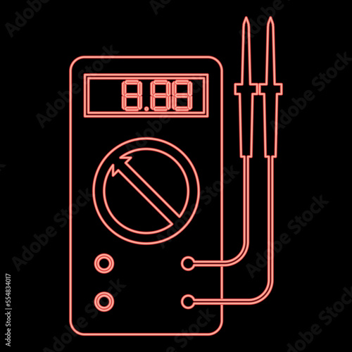 Neon digital multimeter for measuring electrical indicators AC DC voltage amperage ohmmeter power with probes red color vector illustration image flat style