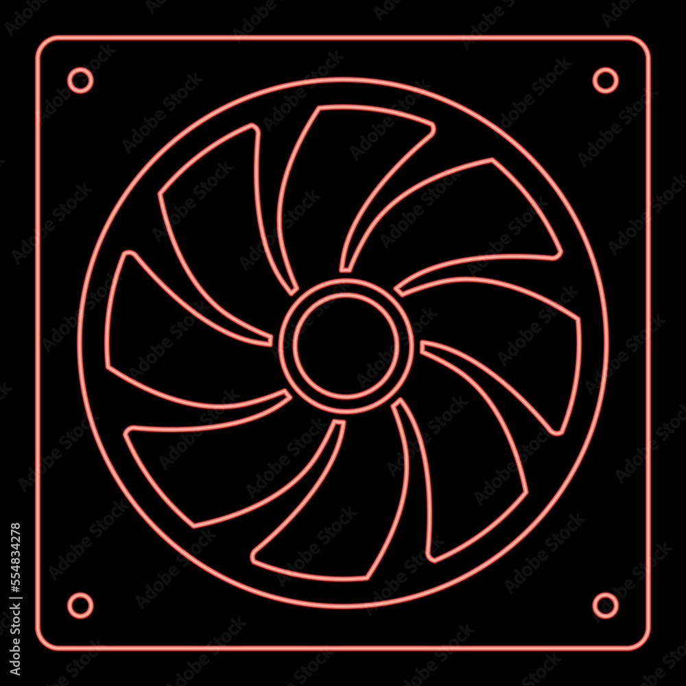 Neon fan for computer processor Cooler CPU cooling system Ventilator red color vector illustration image flat style Neon fan for computer processor Cooler CPU cooling system Ventilator red color vector illustration image flat style