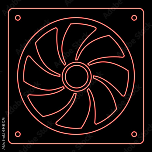 Neon fan for computer processor Cooler CPU cooling system Ventilator red color vector illustration image flat style