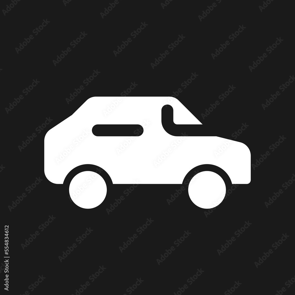 Automobile dark mode glyph ui icon. Driving car. Passenger vehicle. User interface design. White silhouette symbol on black space. Solid pictogram for web, mobile. Vector isolated illustration