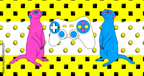 Fashion minimal illustration art. Meerkat gamer. Trendy trippy funny design