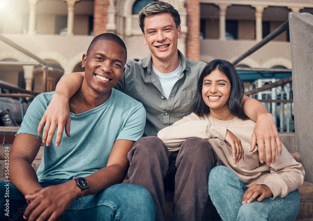 University, gen z and friends hug portrait with smile at campus together in Los Angeles, USA. Happy, interracial and student friendship with young people bonding outside college building. - obrazy, fototapety, plakaty 
