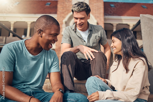 University, students and diversity friends laughing at campus building outdoor in break, happiness and fun together for education, studying and learning. Happy group of young people relax at college