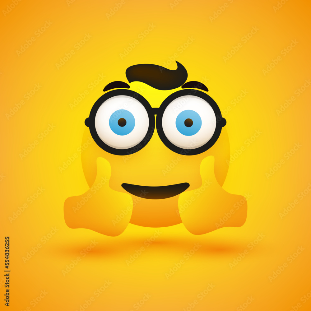 Fototapeta premium Positive, Smiling Very Satisfied Young Nerd Emoji with Round Glasses Showing Double Thumbs Up on Yellow Background - Vector Symbol Design for Web, Social Media and Instant Messaging Apps
