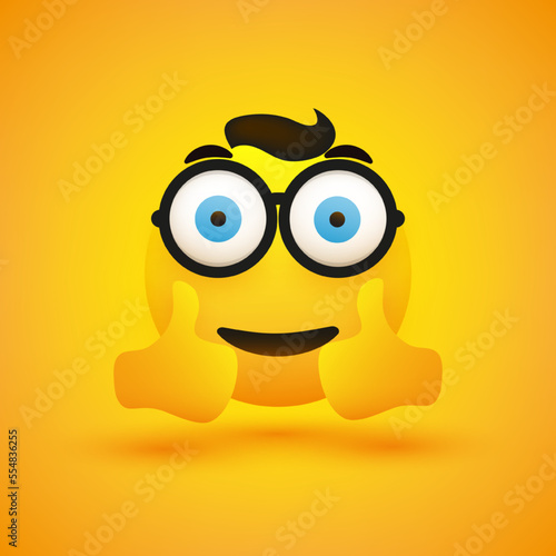 Positive, Smiling Very Satisfied Young Nerd Emoji with Round Glasses Showing Double Thumbs Up on Yellow Background - Vector Symbol Design for Web, Social Media and Instant Messaging Apps