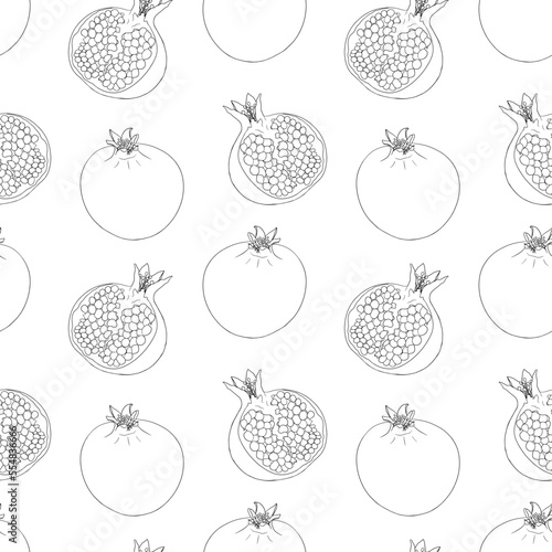 Pomegranate vector seamless pattern. Vegetarian food drawing. Ripe garnet fruit with seeds 