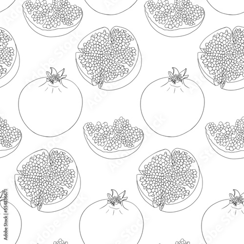 Pomegranate vector seamless pattern. Vegetarian food drawing. Ripe garnet fruit with seeds 