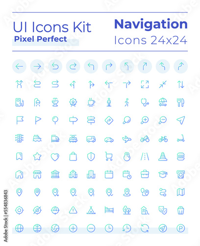 Tracking real time location pixel perfect gradient linear ui icons set. Navigational tool. Line contour user interface symbols. Vector isolated outline illustrations. Montserrat Bold, Light fonts used