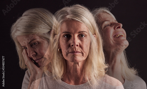 Senior woman, bipolar or mental health for depression, psychology or mood swings. Mature female, depressed or schizophrenia with identity crisis, trauma anxiety or problem with portrait, sad or smile photo