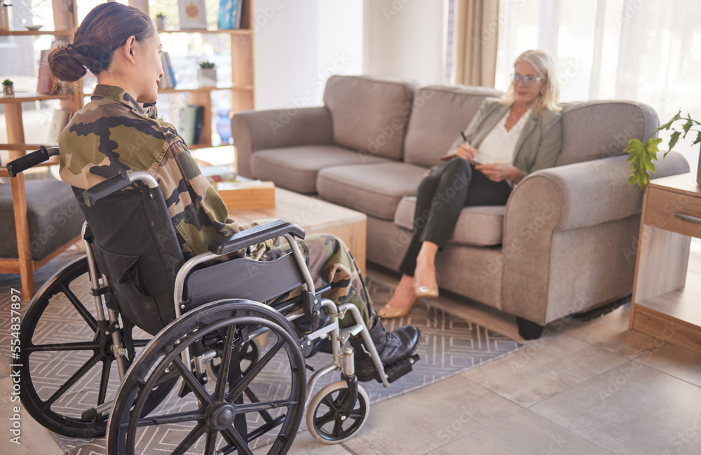 Soldier woman, wheelchair and therapist in talk, rehabilitation or support for war trauma. Psychologist, therapy or military officer for mental health, disability or communication for pain in Ukraine Soldier woman, wheelchair and therapist in talk, rehabilitation or support for war trauma. Psychologist, therapy or military officer for mental health, disability or communication for pain in Ukraine