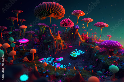 Fluorescent Dreamy Mystical colorful glowing fantasy world Imagination of start of mind