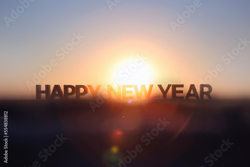 Fotografija Shining sun and sunrise and happy new year HAPPY NEW YEAR