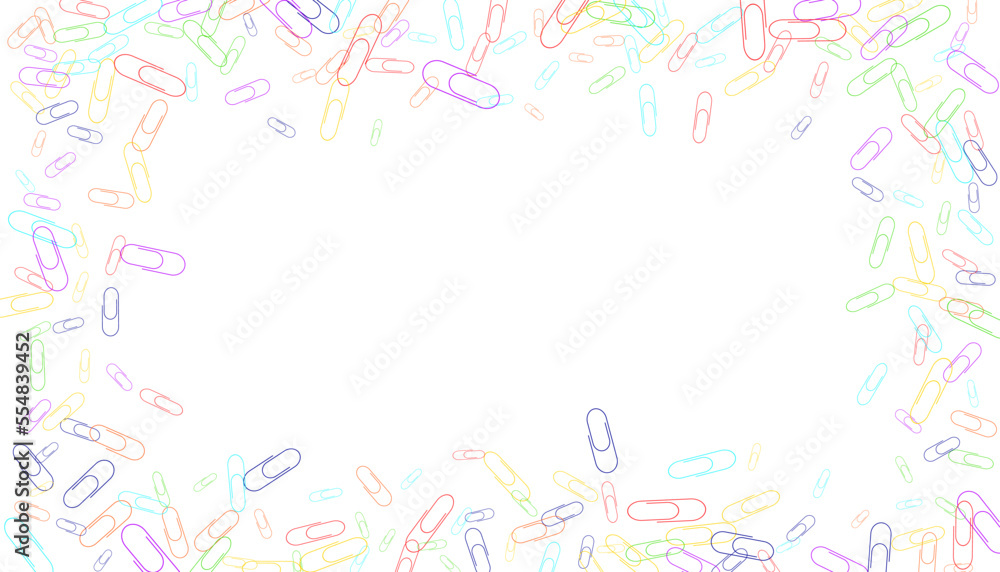 Paper clips are scattered on a white background. Decorative element. Background for design, school and office supplies Paper clips are scattered on a white background. Decorative element. Background for design, school and office supplies