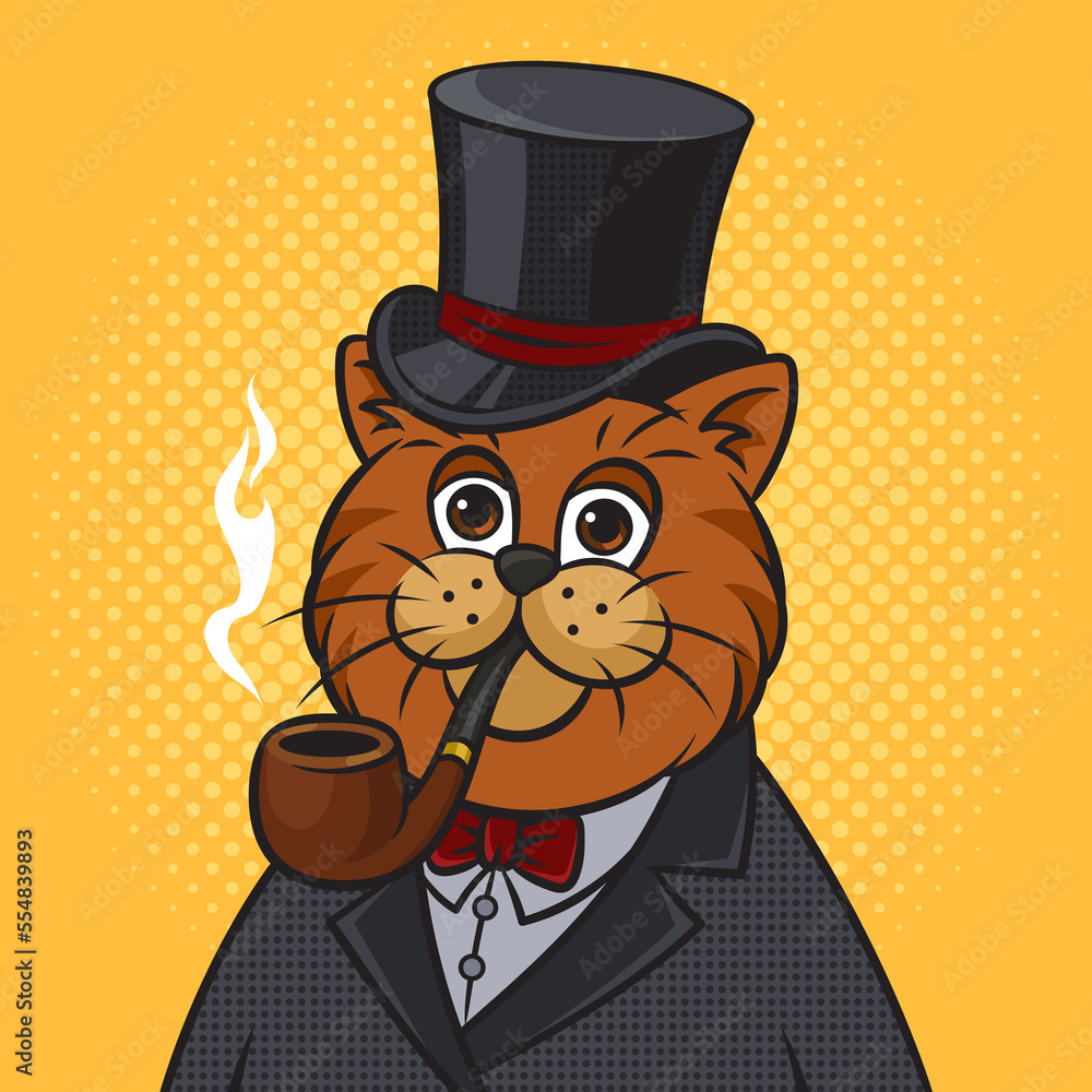 Cartoon cat in top hat and smoking pipe pinup pop art retro raster illustration. Comic book style imitation.