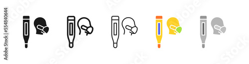 Man in mask with thermometer line icon. Dropper, medicine, drops, serum, laboratory analysis, blood, runny nose, take a virus test, covid, coronavirus, cosmetics, dermatology. Vector line icon