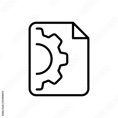 Document with gear line icon. File management, configuration, agreement, report, instructions, manual, tutorial, settings, non disclosure agreement, NDA. Vector line icon on white background