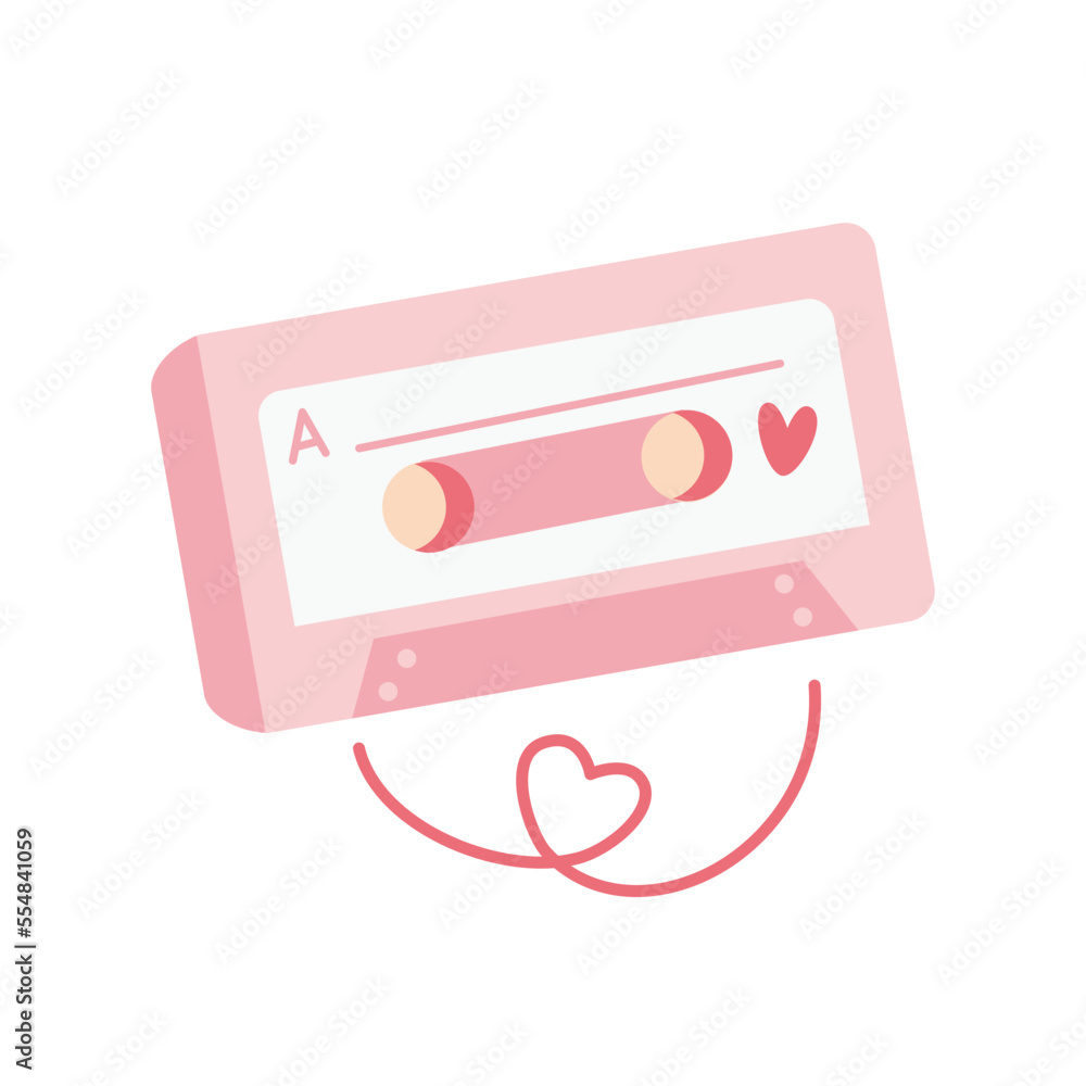 Obraz premium Valentine's Day Audio cassette love song music doodle sticker. Romantic mood cute love symbol
