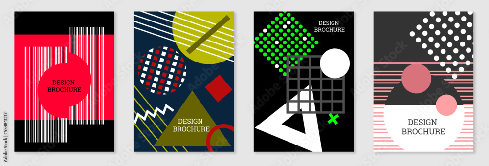 Set of cover design in Memphis style. Geometric design, abstract background. Fashionable bright cover, banner, poster, booklet. Creative colors. Set of cover design in Memphis style. Geometric design, abstract background. Fashionable bright cover, banner, poster, booklet. Creative colors.
