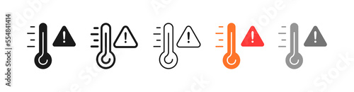 Thermometer with warning sign set icon. Climat control, danger, cold, heat, earth temperature, anomal temperature. Health care concept. Vector five icon in different style on white background